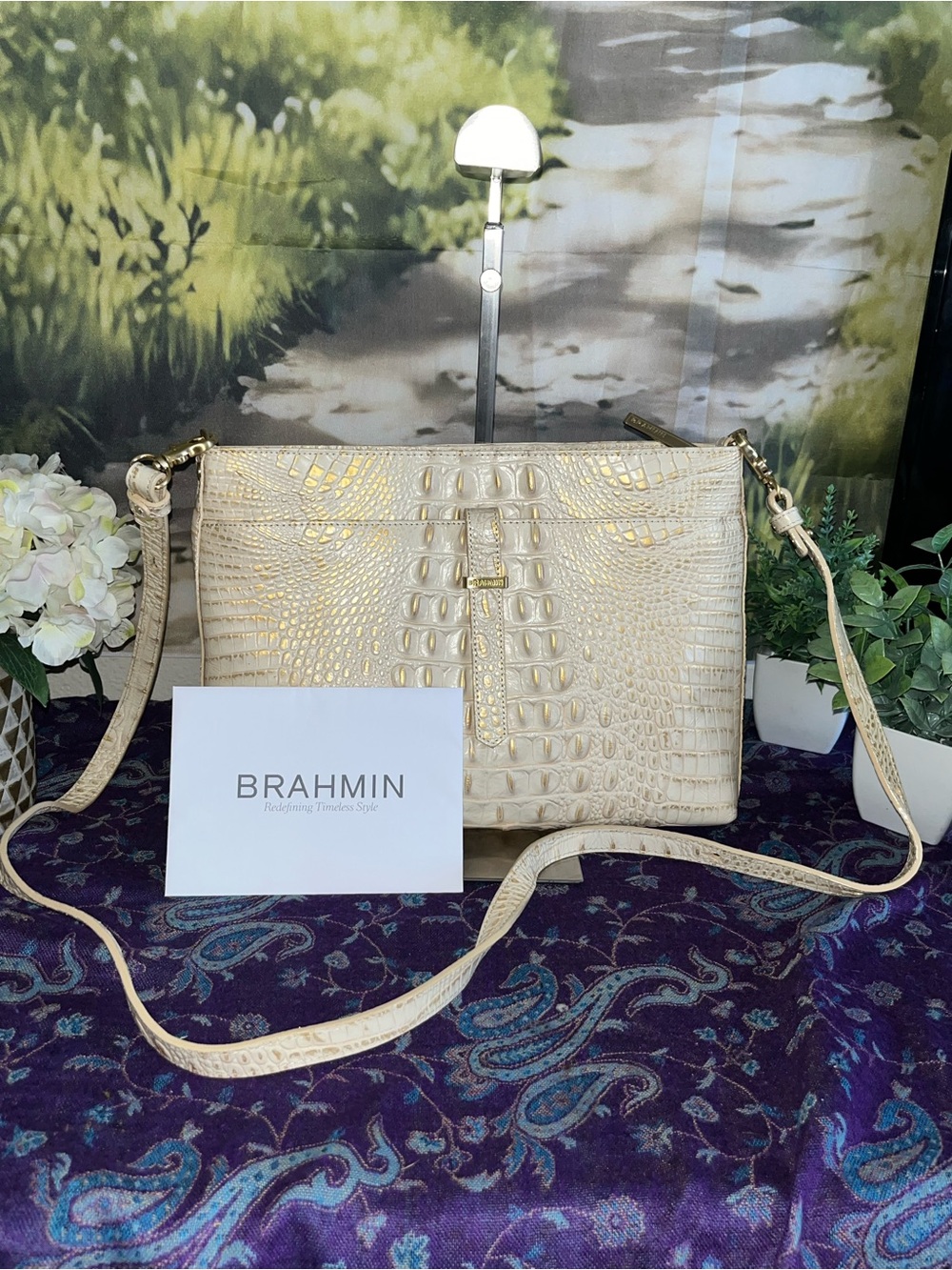 Brahmin Gold-Cream Croc-Embossed Leather Crossbody